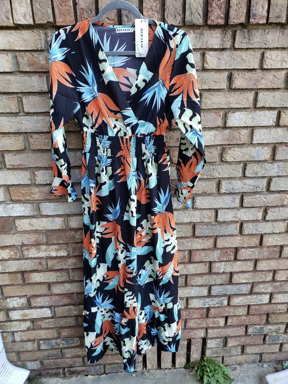 New Women's Red Leaf Orange Black Blue Floral Long Maxi Dress, size Medium or L